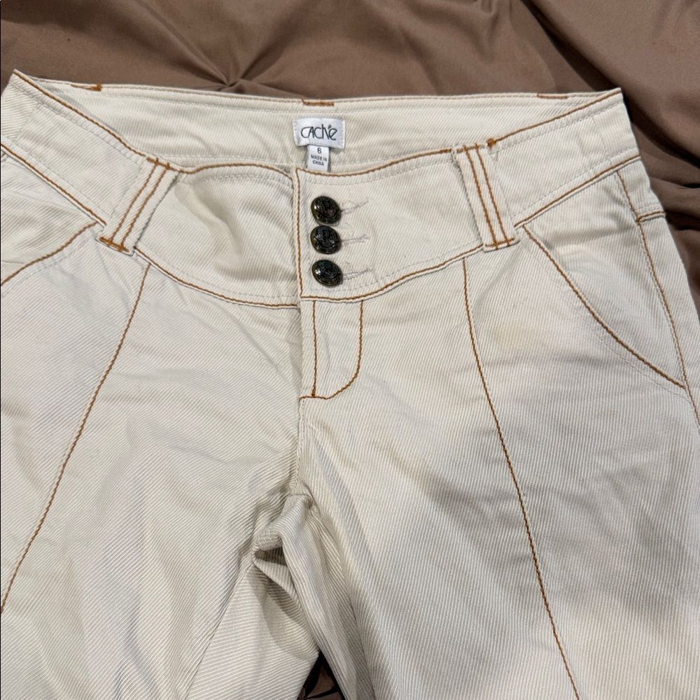 Cache Cream Pants With Brown Stitching Size 6 - image 1